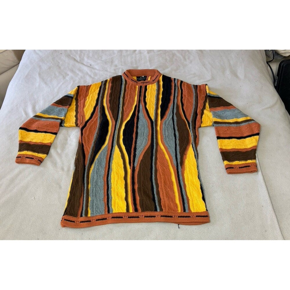 Vintage Bergati 3D Cable Knit Sweater Size L Coogi Style Vibrant Colorful Brown